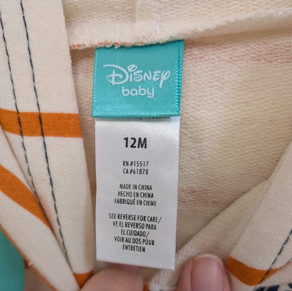 NWT Disney Baby Cream Striped Two Piece Shirt Hoodie And Shorts Size 12 Months